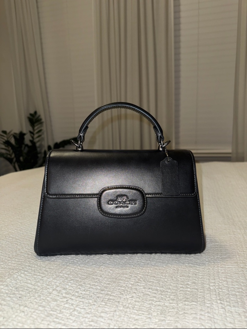 Coach Black Leather Top-Handle Satchel with Logo Plaque